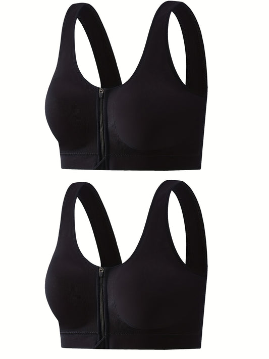 2 Pack Plus Size Sports Bra Zipper Front Stretch Shockproof Bra Set