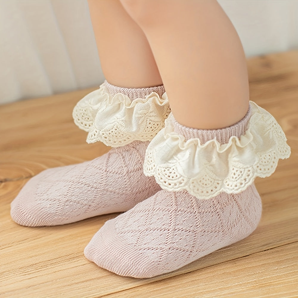 Baby Girls Cotton Argyle Crew Socks Ruffle Lace Decor Spring Autumn