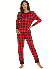 Plaid Christmas Lounge Set Long Sleeve Top & Pants Women's Loungewear