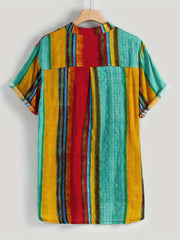 Colorful Stripe Mismatch Pattern Print Men's Casual Short Sleeve Shirt