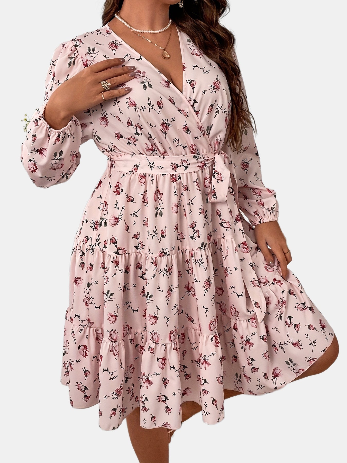 Women's Plus Ditsy Print Long Sleeve Smock Dress