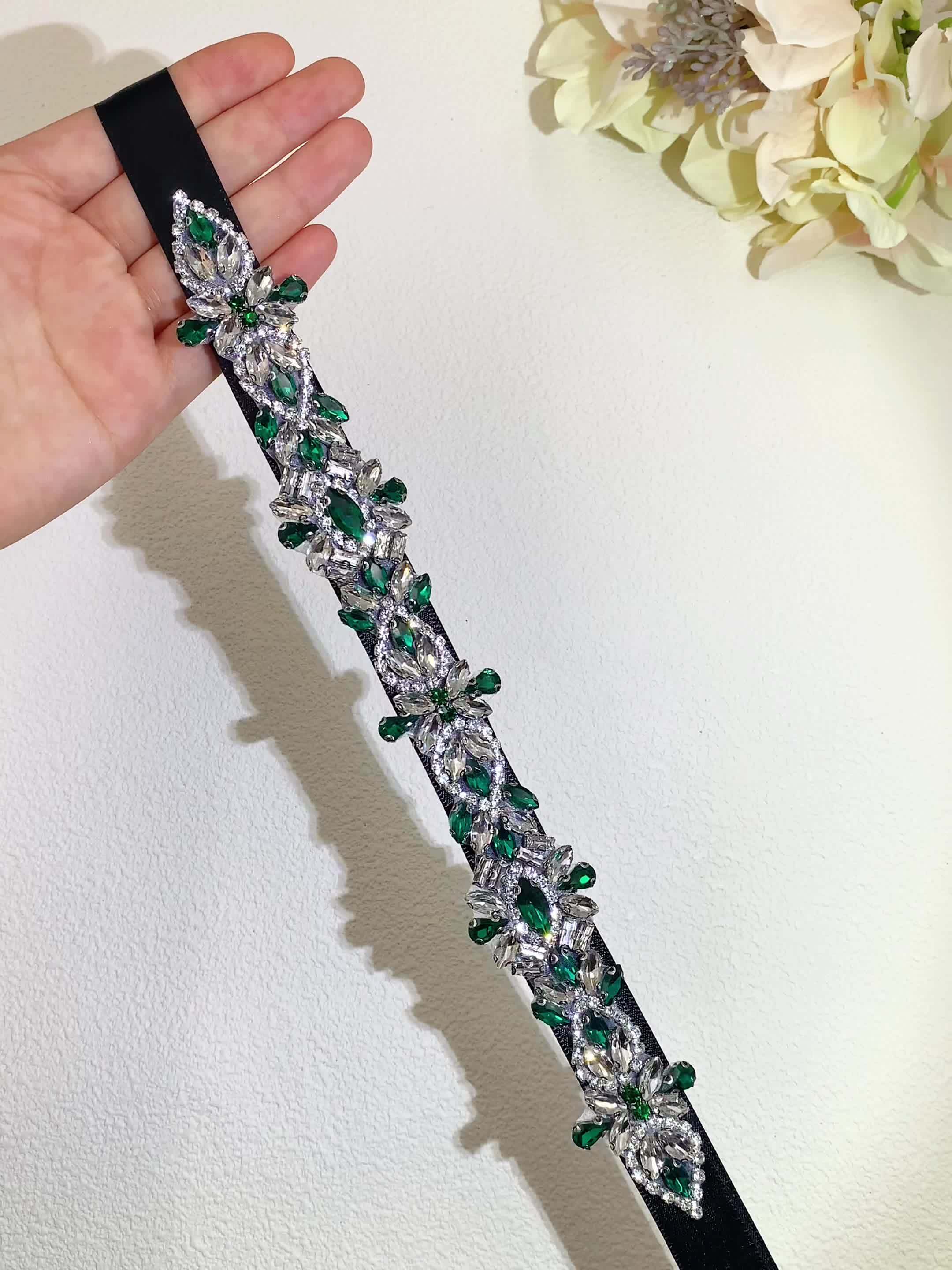 Vintage Green Dress Belt with Rhinestone Waist Sparkle