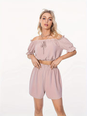 Ruffle Trim 2pc Set Off Shoulder Crop Top & Loose Shorts