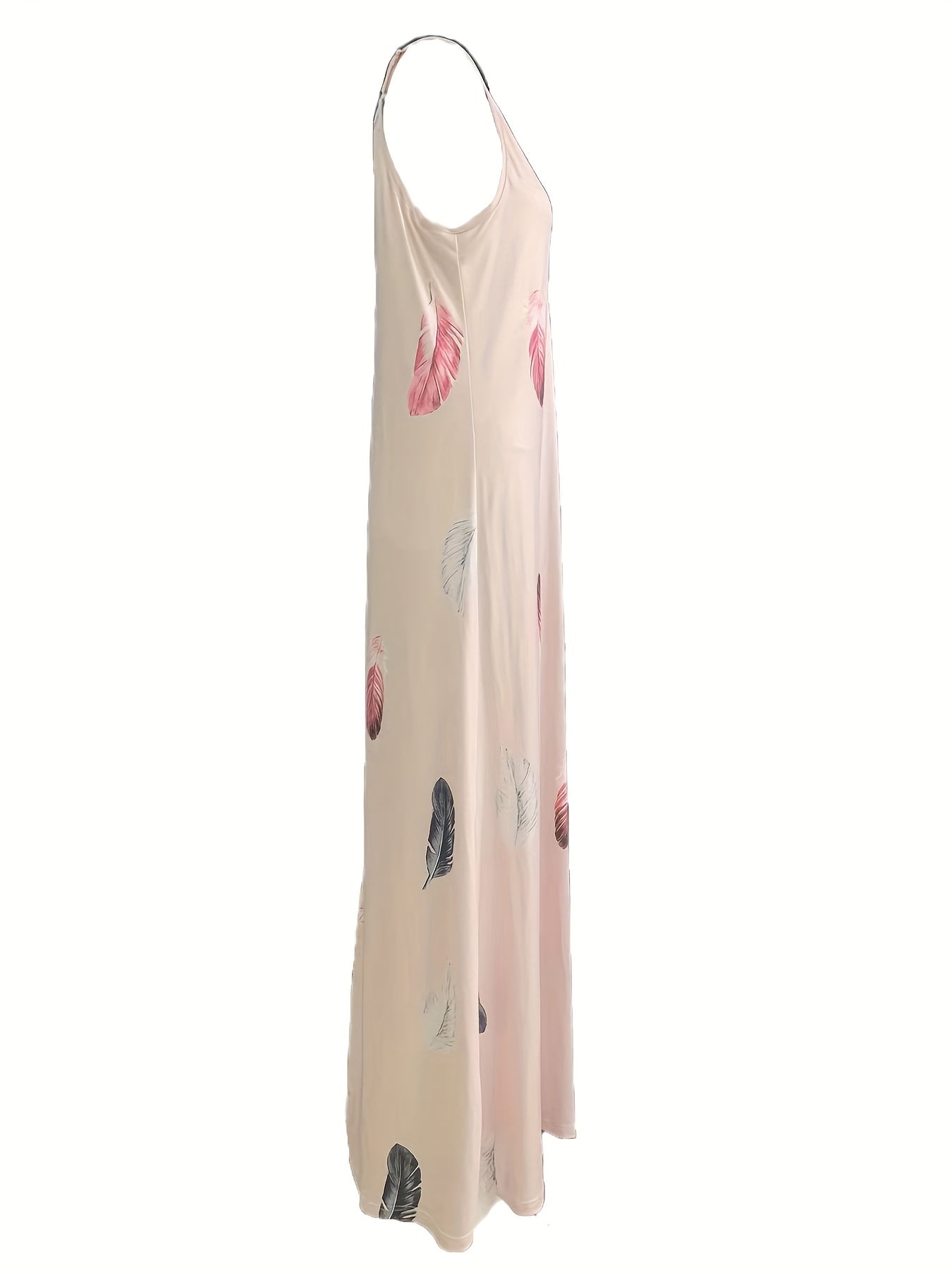  Summer Dress Women's Feather Print V Neck Maxi Dress