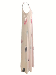  Summer Dress Women's Feather Print V Neck Maxi Dress