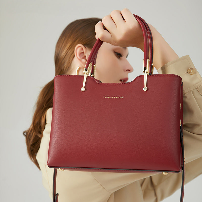 Burgundy Leather Tote Bag with Removable Strap
