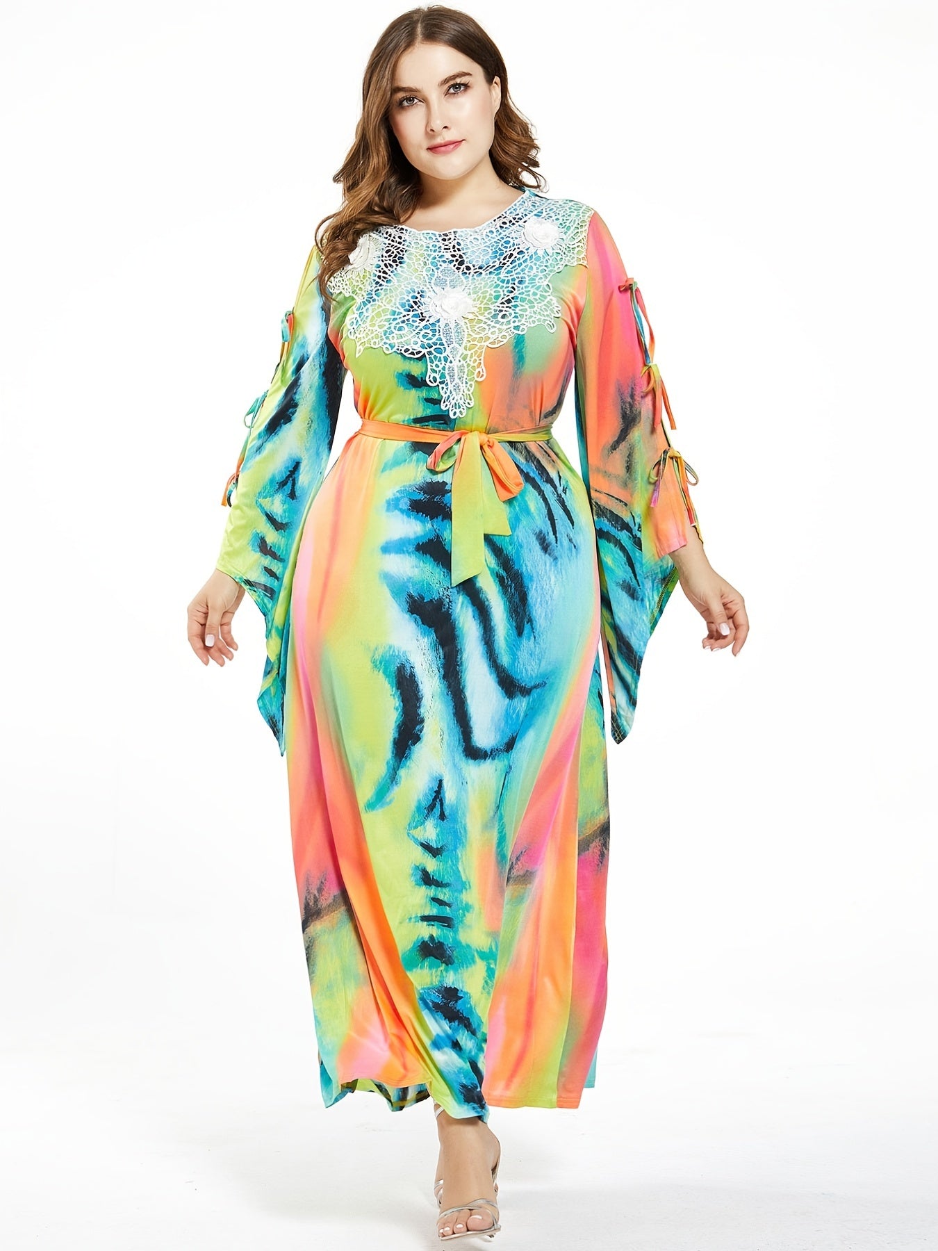  Tie Dye Lace Knot Maxi Dress Women's Plus Medium Stretch Boho Long Dre