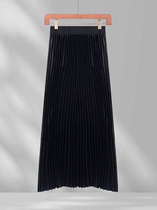 Pleated Maxi Skirt High Waist Casual Solid Color