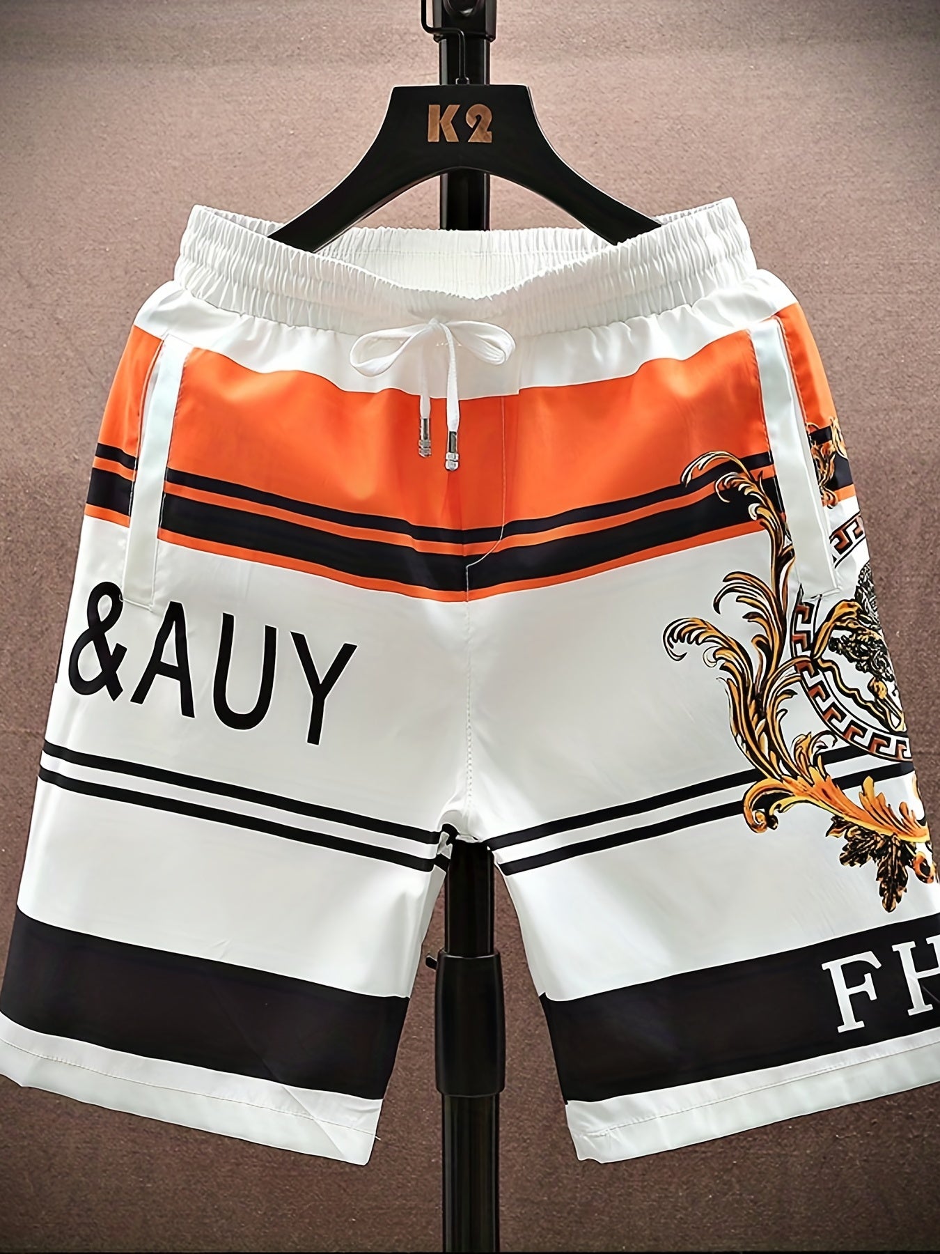 Graphic Pattern Letter Print Striped Quick Drying Beach Shorts Men's Casual