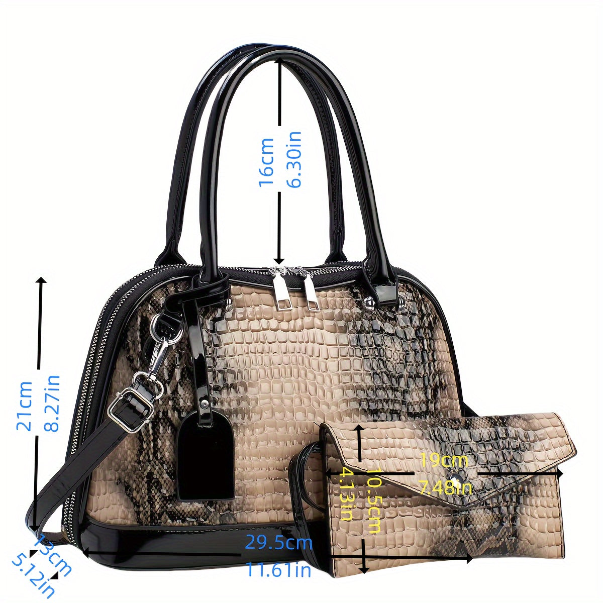 2PCS Snake Pattern Shoulder Handbag Set Women Bag Sets Zipper Closure