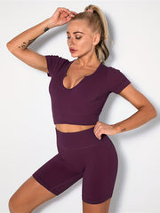 Seamless Rib Knit Sports Set: Short Sleeve Top & Shorts