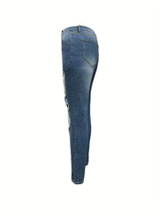  Casual Jeans Women's Plus Floral Print Ripped High Rise Jeans