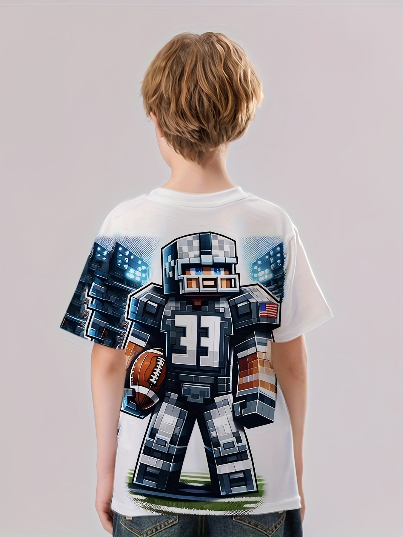 Pixel Football Player Tee Boy's Short Sleeve Crew Neck T shirt Kids