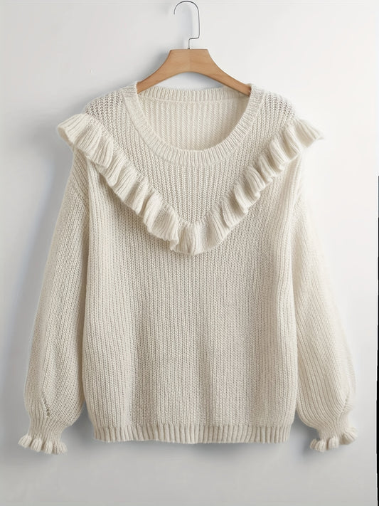  Women's Ruffle Trim Long Sleeve Sweater