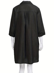Solid Button Front Dress Casual 3 4 Sleeve Dress With Pockets Women's Clothing