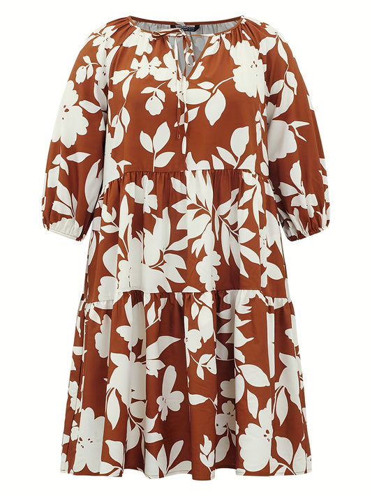 Women's Plus Leaf Print Half Sleeve Round Neck Keyhole Tie Dress