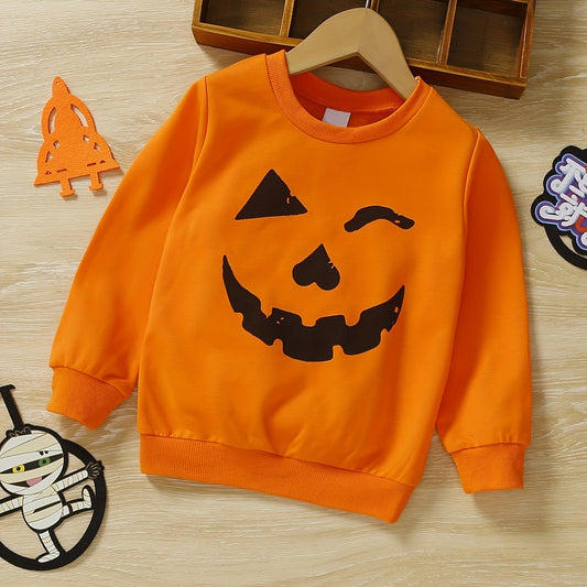 Kid's Pumpkin Print Fleece Pullover Crew Neck Sweatshirt
