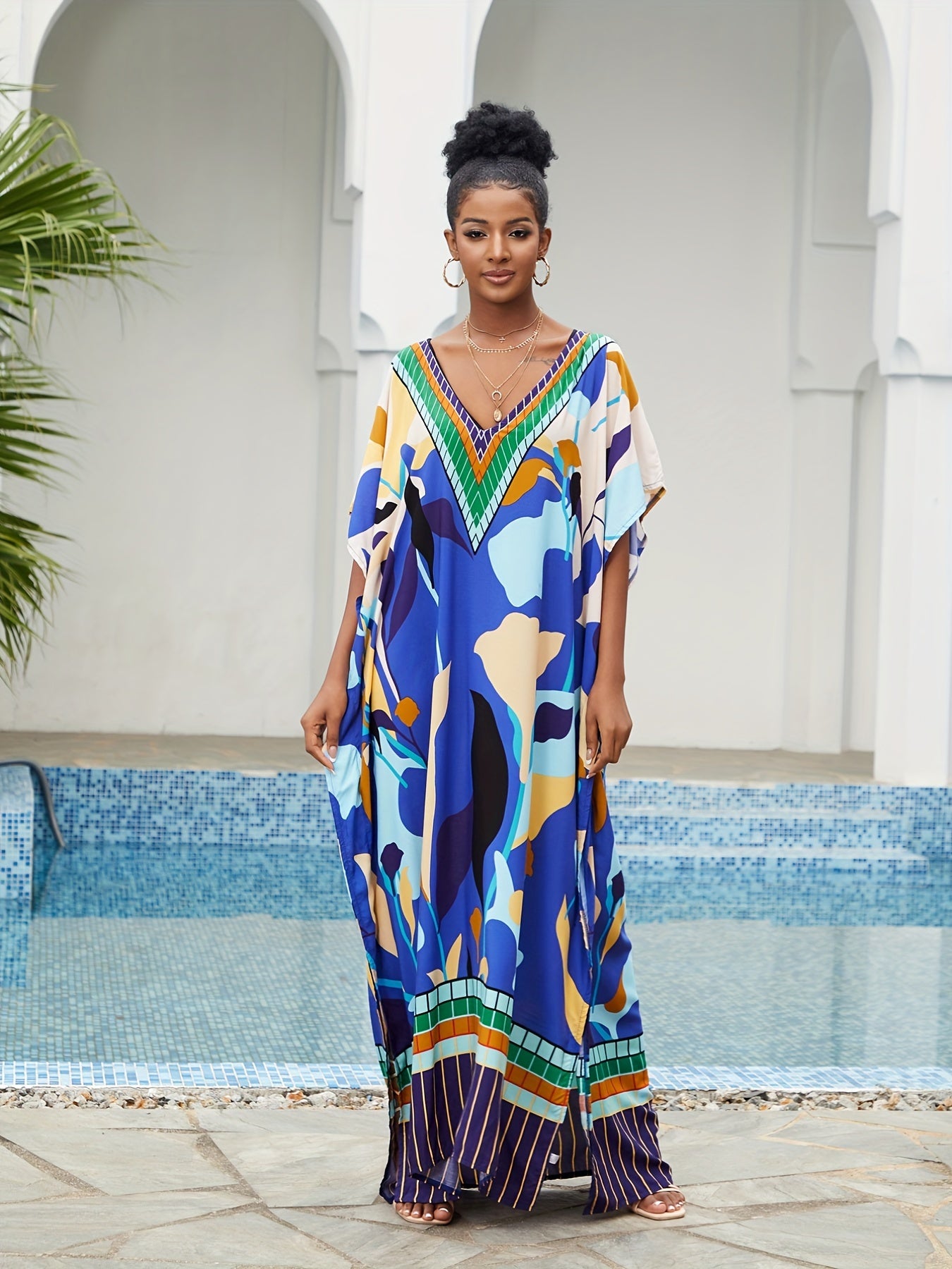  Boho Cover Up Women's Plus Abstract Print Bat Sleeve V Neck Loose Maxi