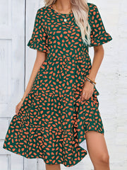 Printed Ruffle Trim Dress Casual Ruched Short Sleeve Dress