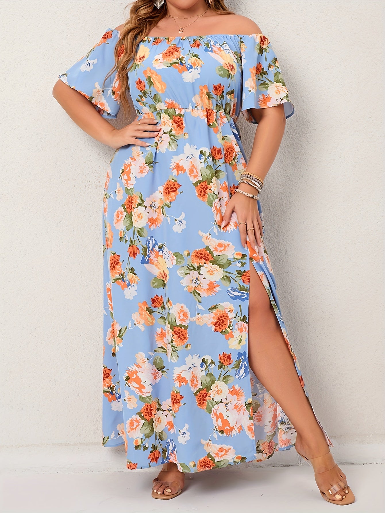  Floral Print Off Shoulder Maxi Summer Dress