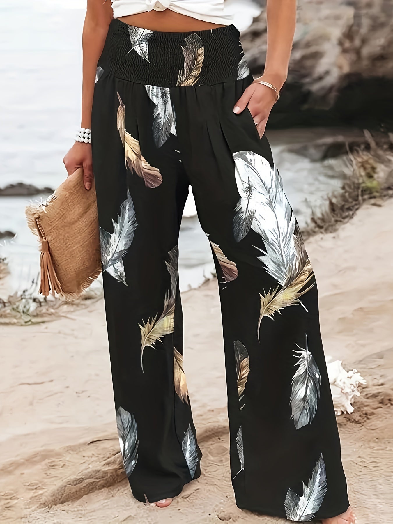 Feather Print Shirred Waist Wide Leg Trousers