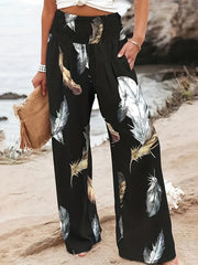 Feather Print Shirred Waist Wide Leg Trousers