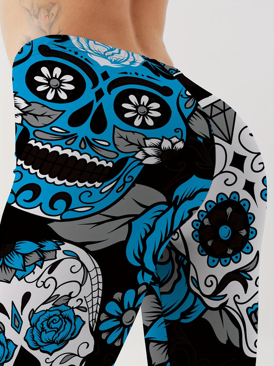Flower & Skull Print Yoga Leggings Halloween Fitness Workout Pants