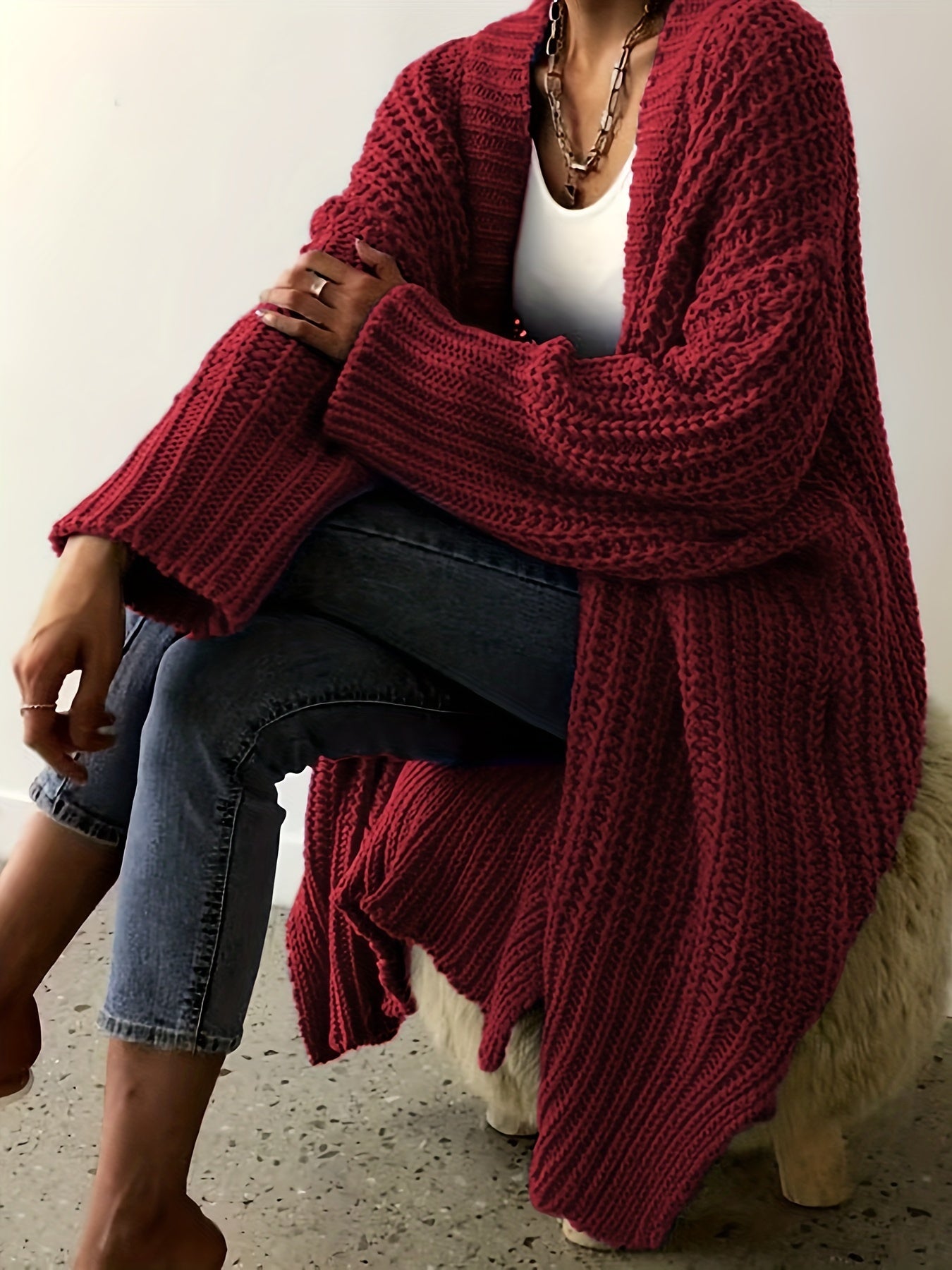  Solid Long Sleeve Open Front Loose Cardigan