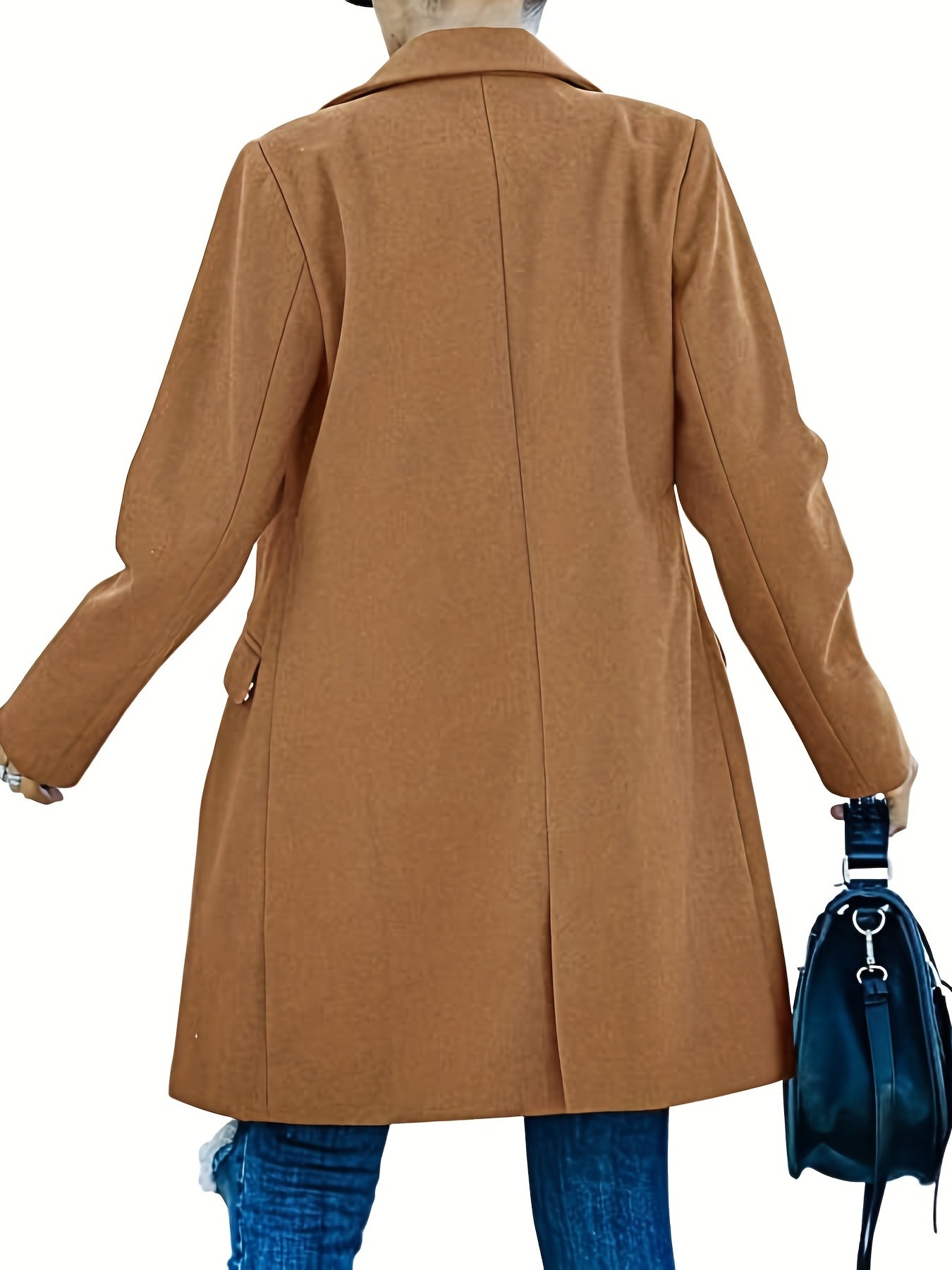 Solid Lapel Mid Length Coat Long Sleeve