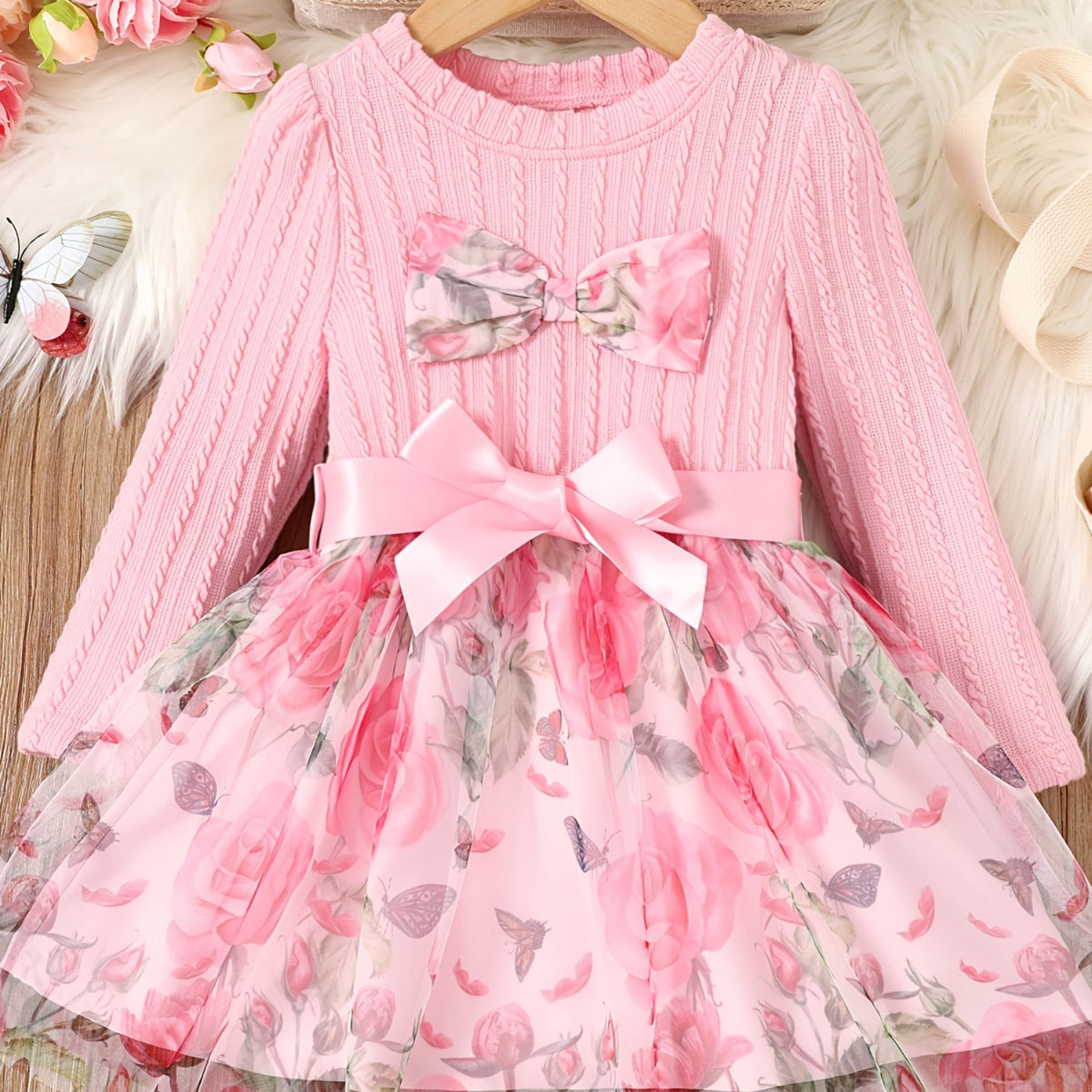 Toddler Girl Bow Front Floral Pattern Long Sleeve Dress