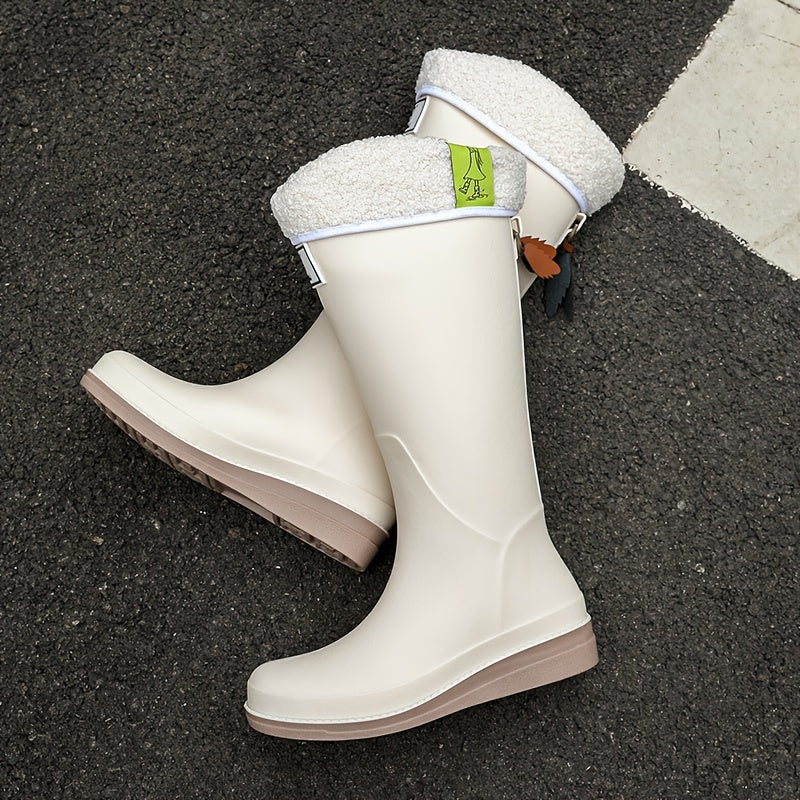 Women's Fleece Liner Slip-on Rain Boots Waterproof High Boots
