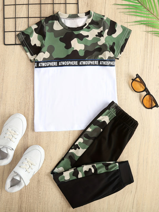 Boys Camo Outfit Set, Round Neck T-shirt & Pants, Kids Summer Clothing