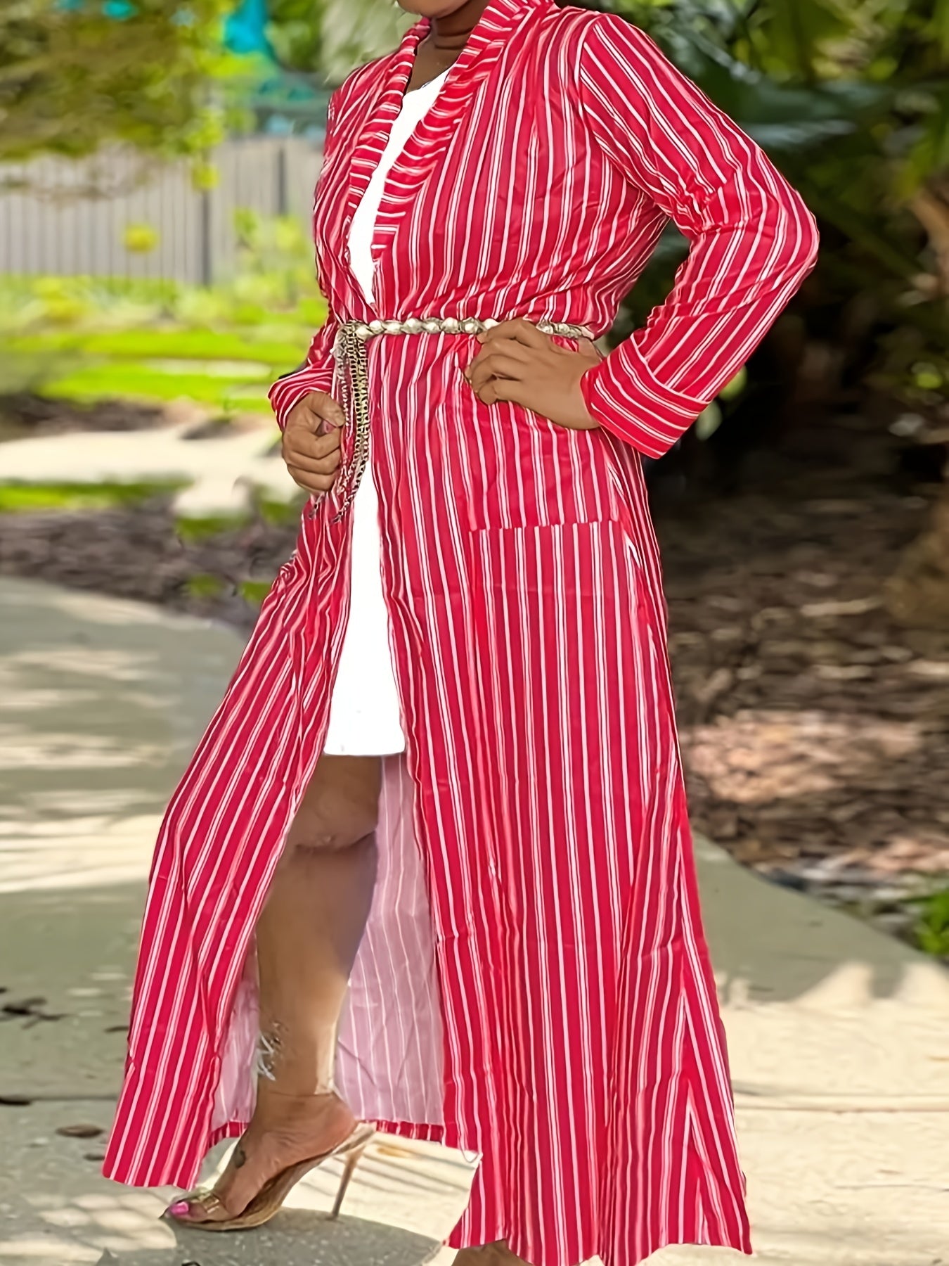  Stripe Print Long Sleeve Open Front Maxi Cardigan