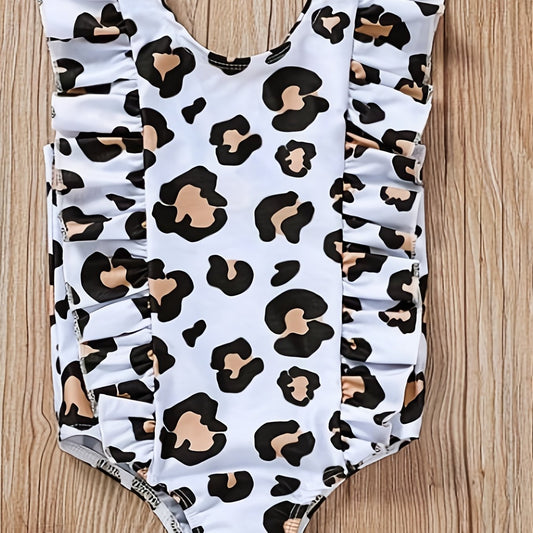 Leopard Print Ruffle Trim Swimsuit for Baby Girls