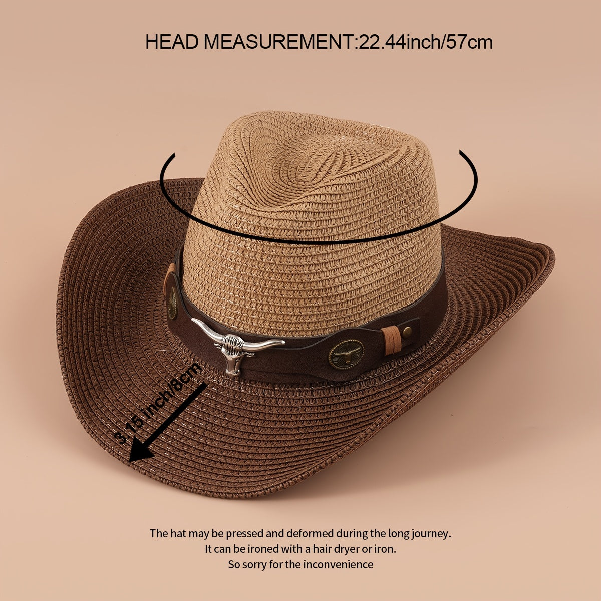 Big Cow Head Leather Belt Retro Outdoor Sunshade Western Cowboy Straw Hat