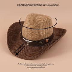 Big Cow Head Leather Belt Retro Outdoor Sunshade Western Cowboy Straw Hat