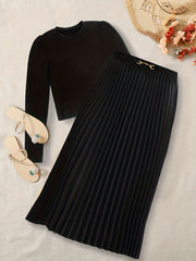 Solid Two piece Set Crew Neck Long Sleeve Tops & Pleated Skirts