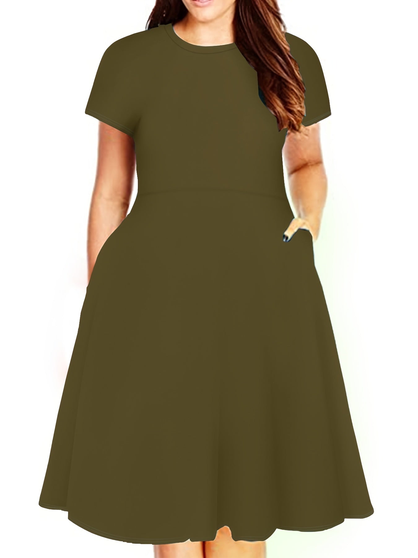  Solid Short Sleeve Midi Dress With Pocket Women's Plus