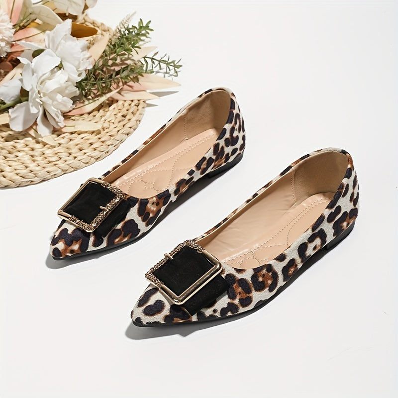 Leopard Print Flat Shoes Point Toe Dress Shoes Lightweight Square Buckle Decor