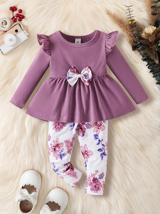 Baby Girl Winter Outfit Flutter Sleeve Splicing Bowknot Skirt Top & Pants Set
