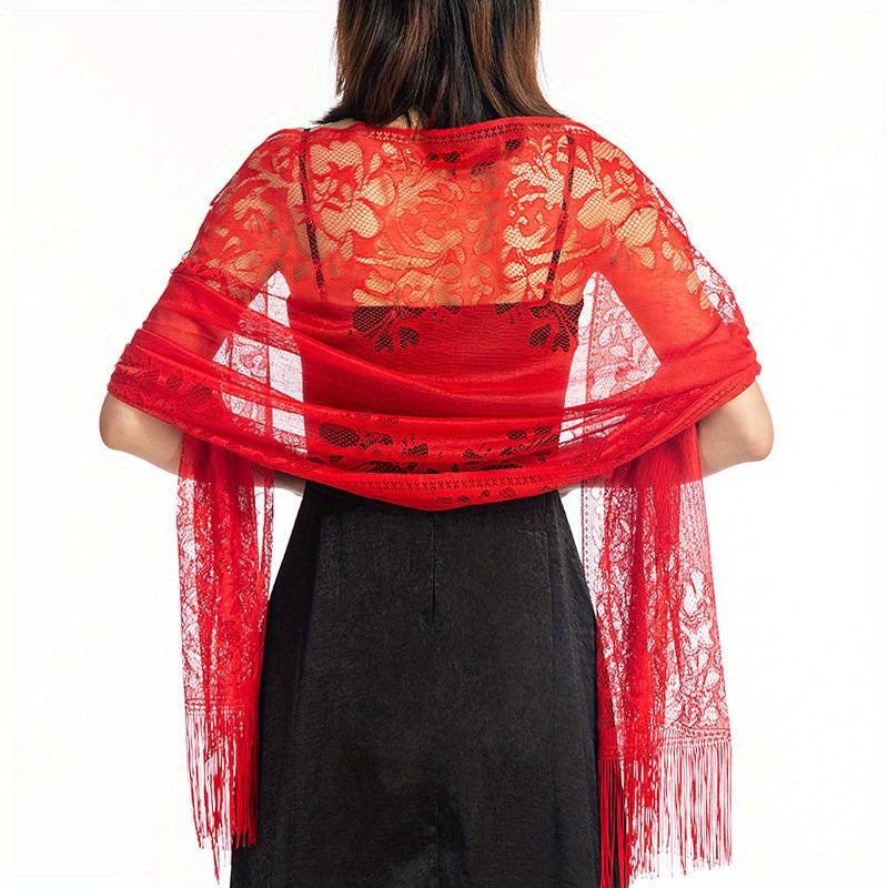 Lace Shawl Solid Hollow Out Tassel Wrap Scarf For Evening Dresses