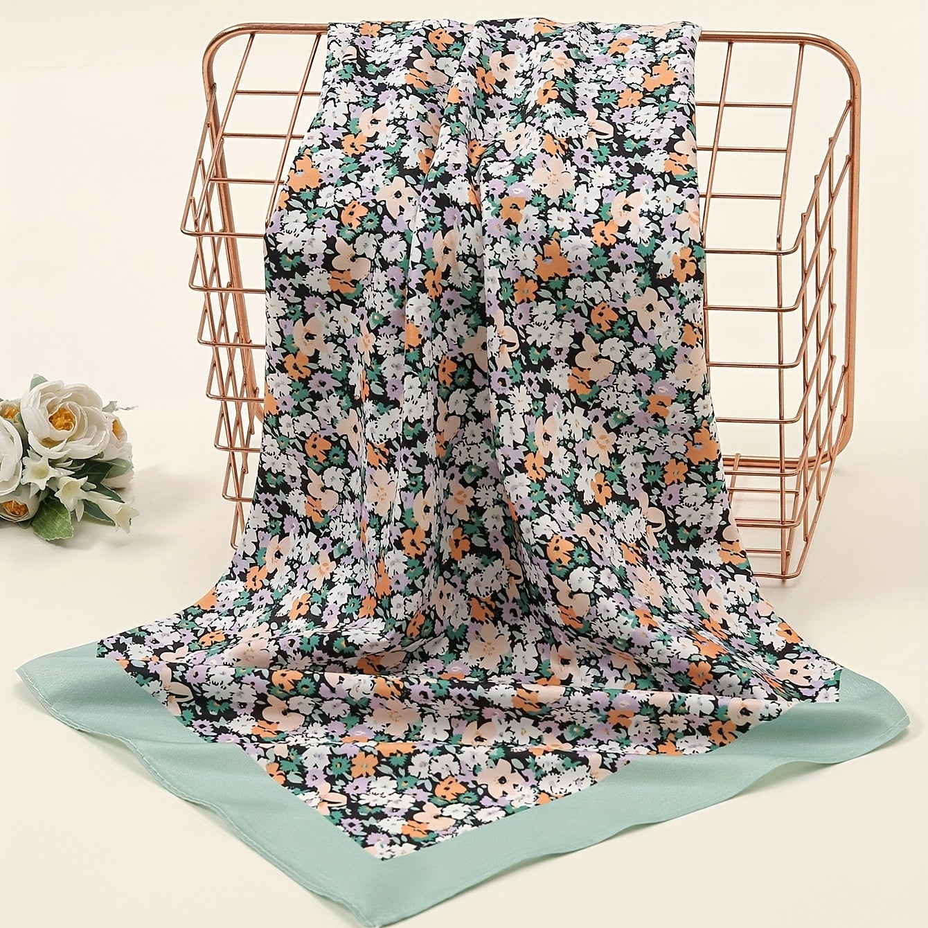 Floral Print Green Bandana Silk Head Wrap Square Scarf Women Neckerchief