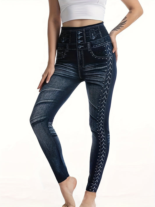 Denim Print Yoga Leggings Jeans Sports Running Tight Pants