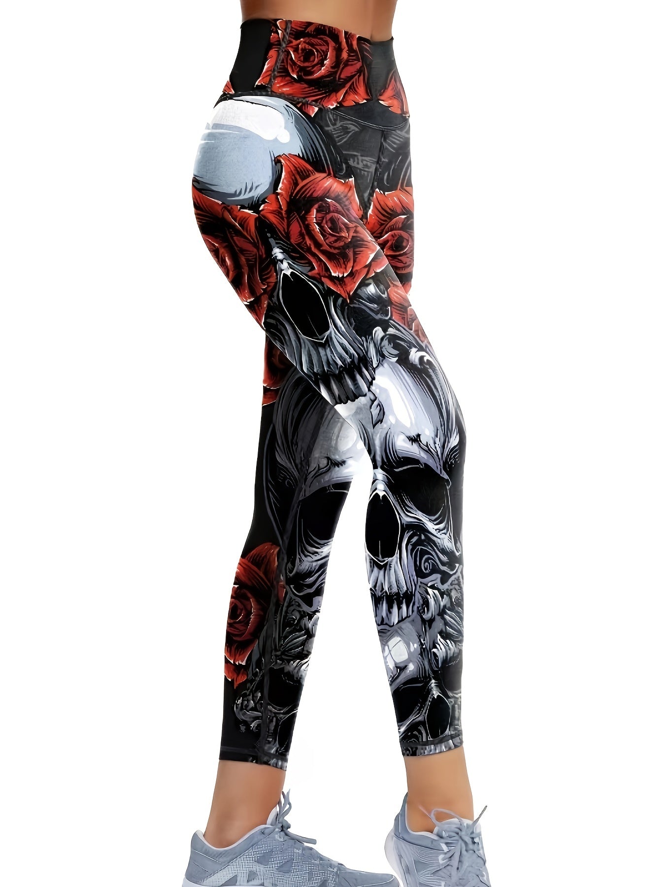 Floral & Skull Print Yoga Pants High Stretch Leggings Halloween Activewear