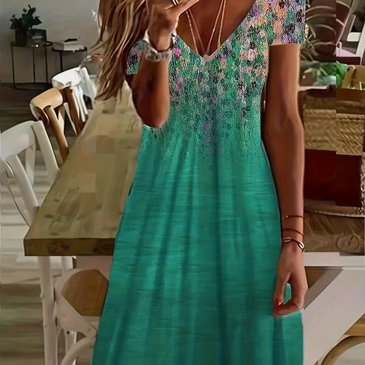Floral Print V Neck Dress Plus Size Short Sleeve
