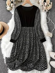  Colorblock Ditsy Print Long Sleeve Dress