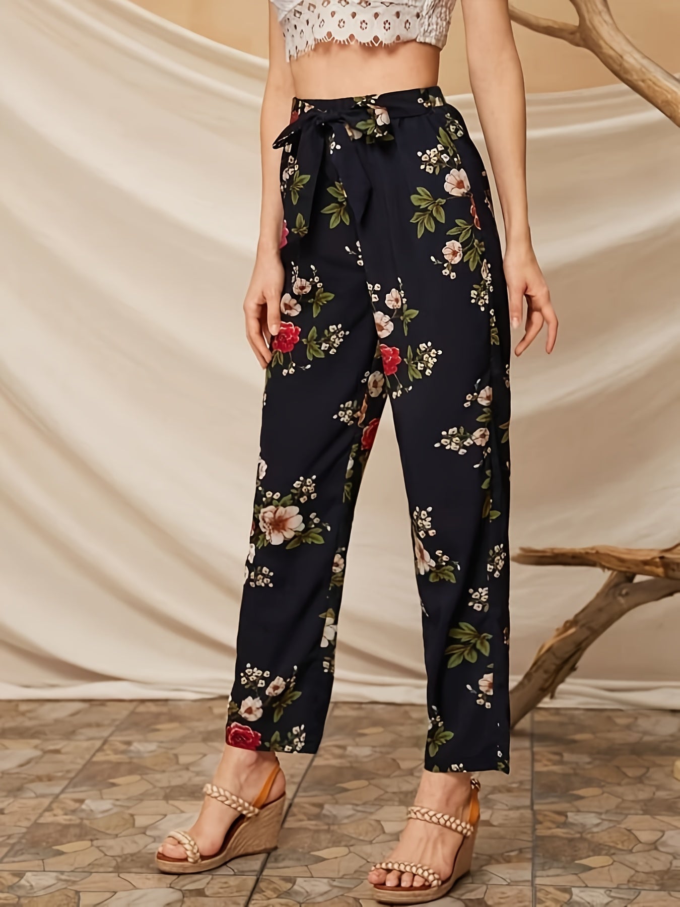 Women's Plus Floral Print High Rise Pants with Belt
