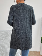  Solid Ribbed Long Sleeve Open Front Cardigan With Pockets