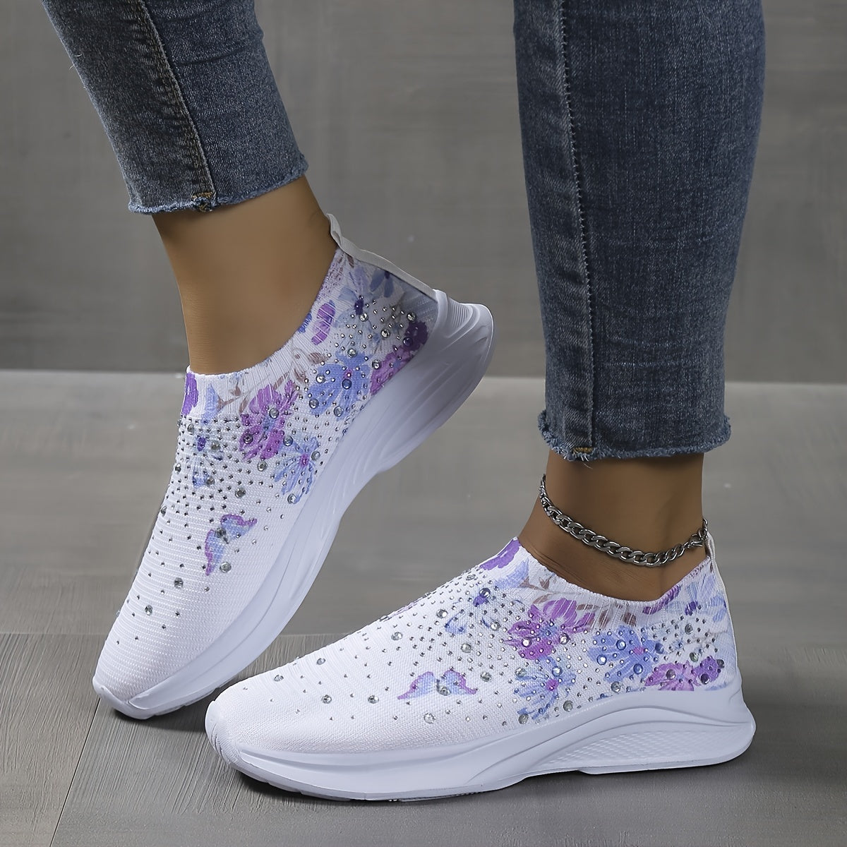 Women's Rhinestone Knit Sneakers Butterfly Pattern Slip On Shoes