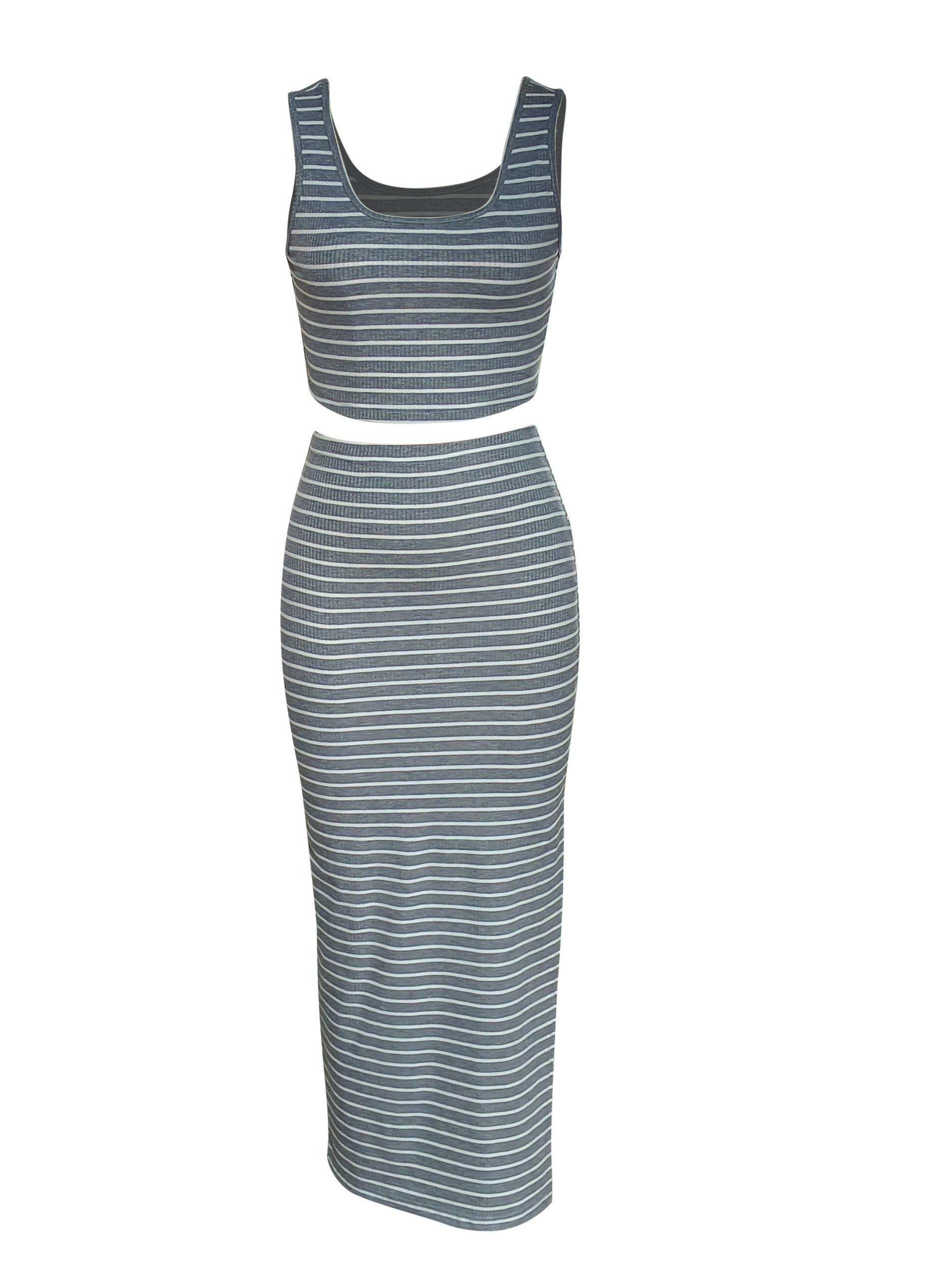 Striped Print 2pc Set Tank Top & Split Skirt Outfit Women's Clothing